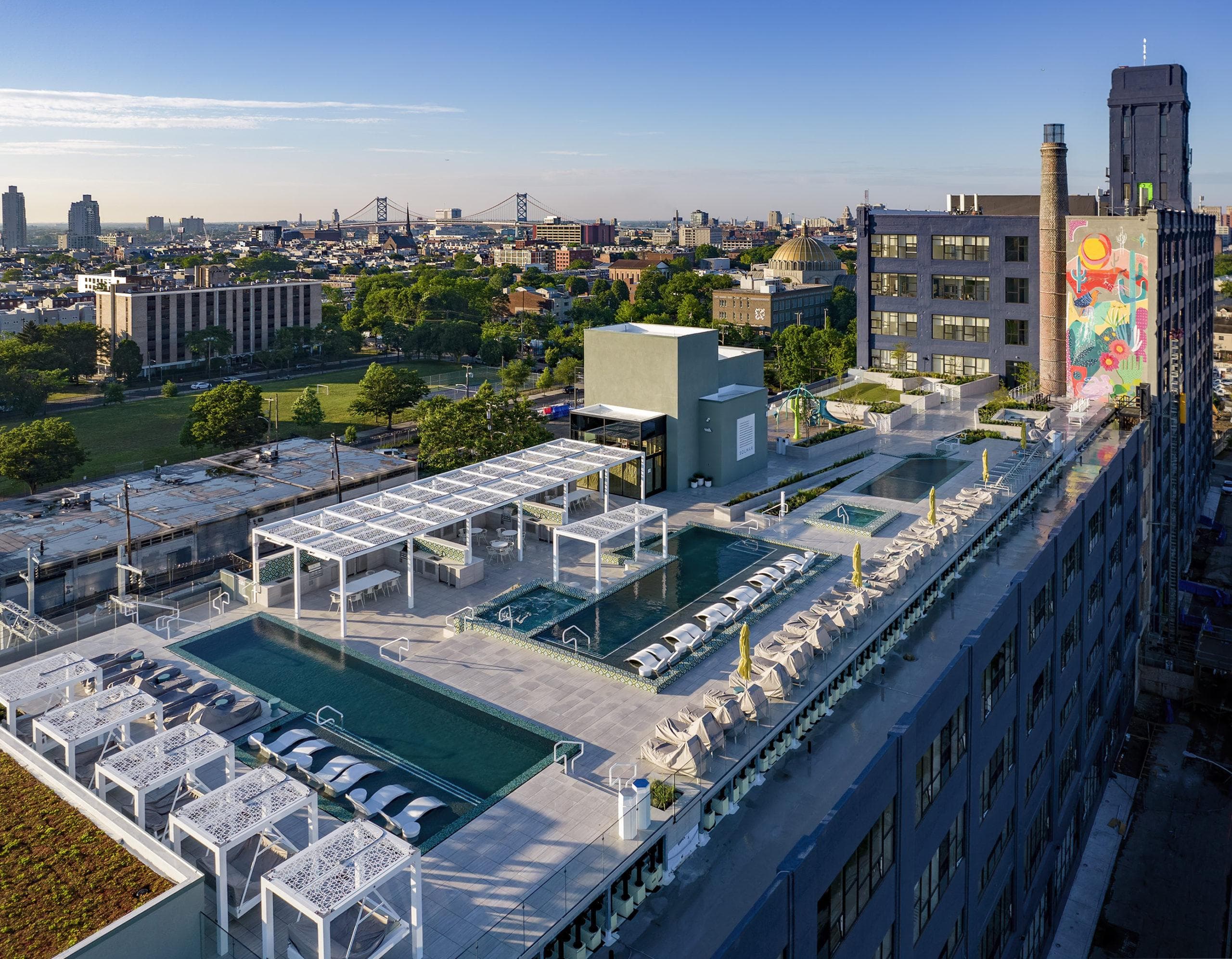 Rooftop amenity space at The Poplar overlooking Philadelphia
